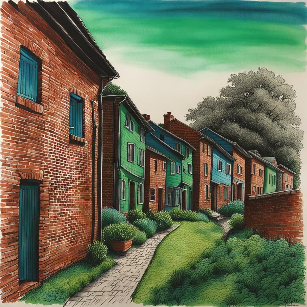 Village in Blues and Greens: Ink Pencil Doodle