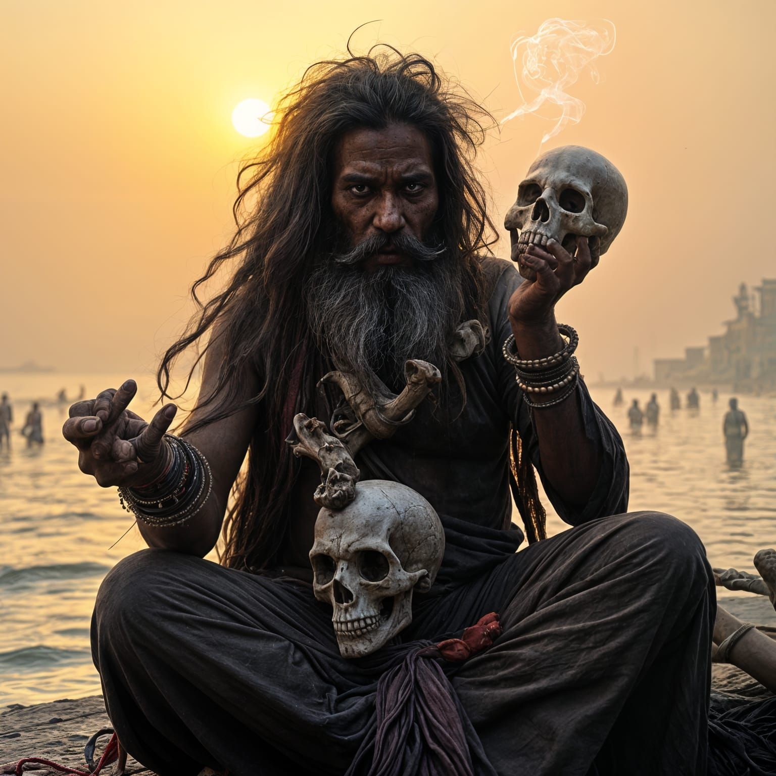 Surreal Varanasi Ascetic Smokes from a Skull in Spiritual Ha...