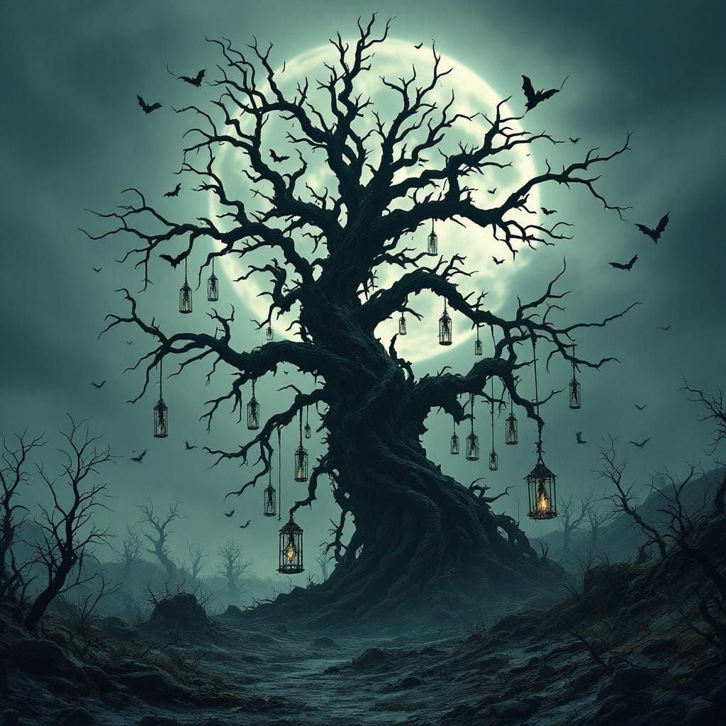 Dead Tree Silhouette with Skeletons in Dark Fantasy