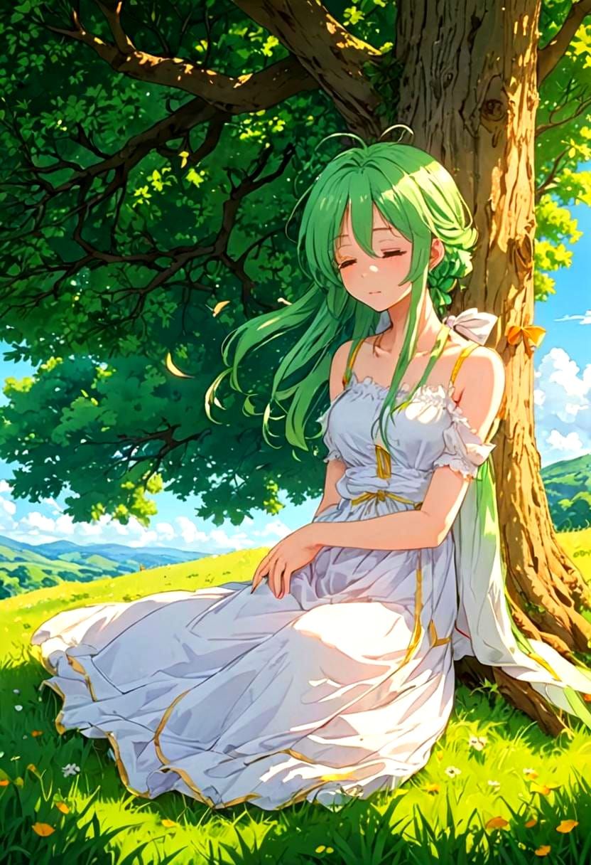 Woman with Green Hair Sleeping: Anime Style