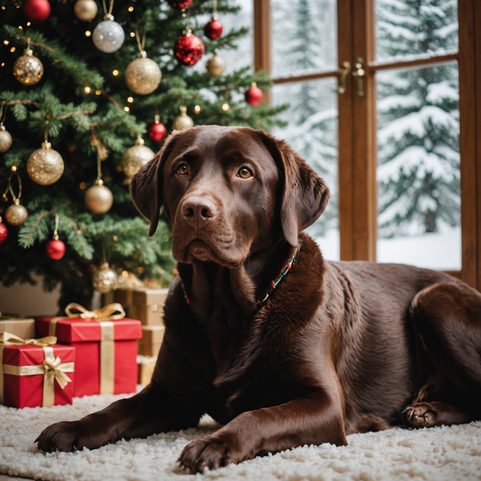Chocolate Lab Under Christmas Tree