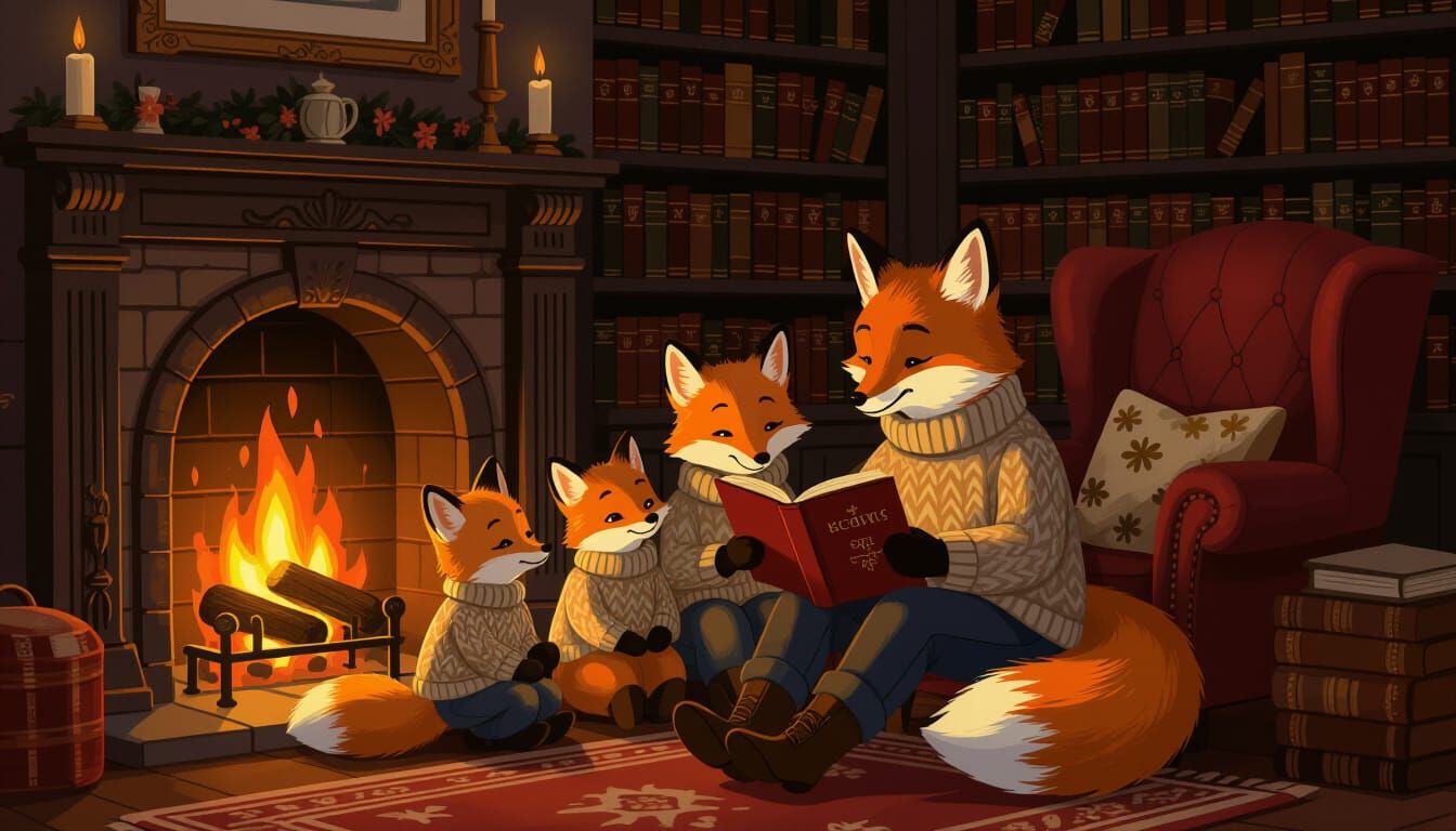 Cozy Fox Family Christmas in Victorian Room