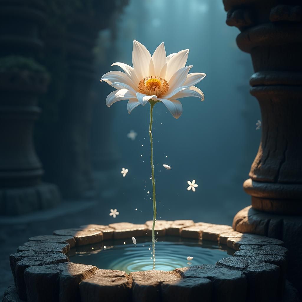 Sampaguita Flower Falling into Mystical Stone Well