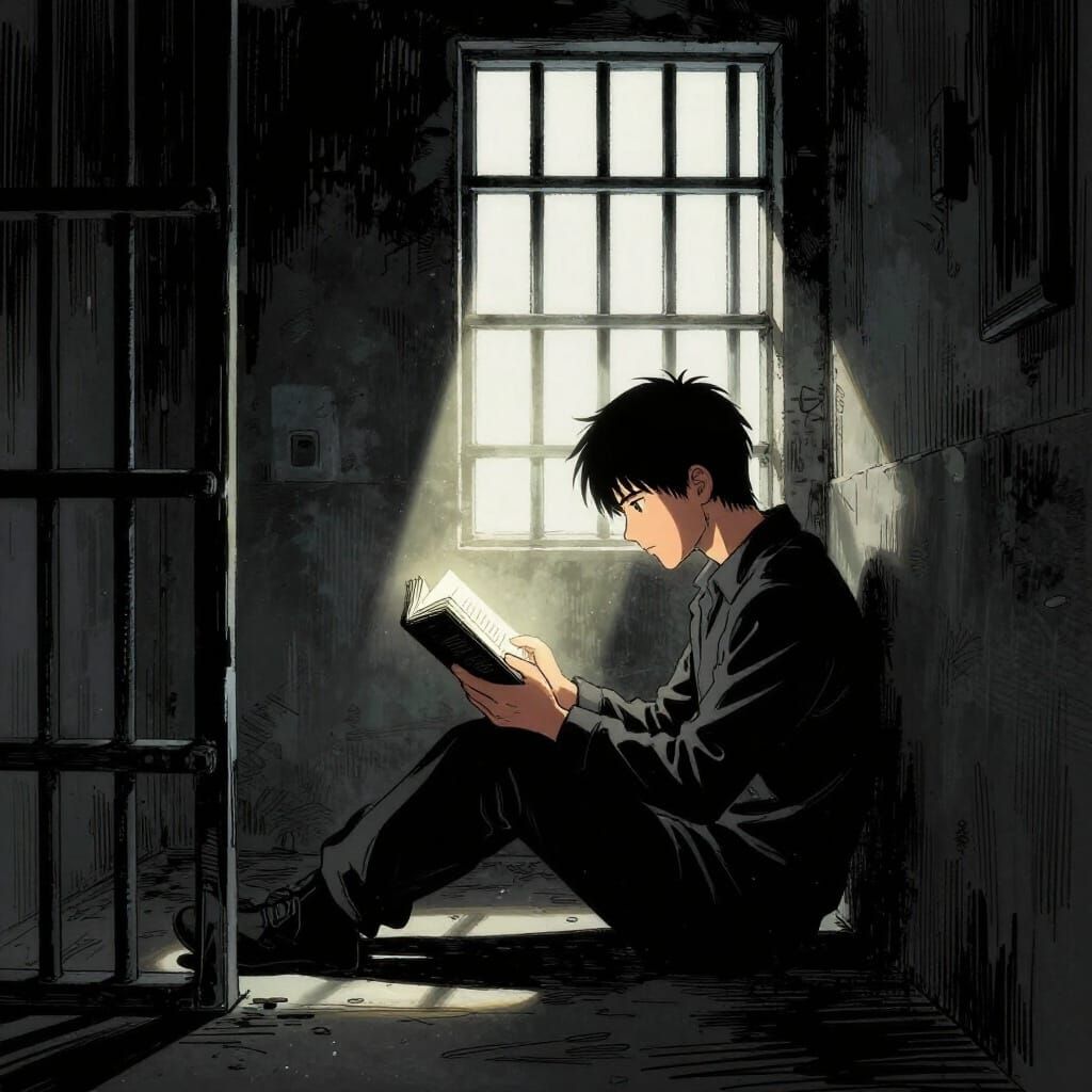 Man in Prison Cell Reads Glowing Book in Chiaroscuro Style