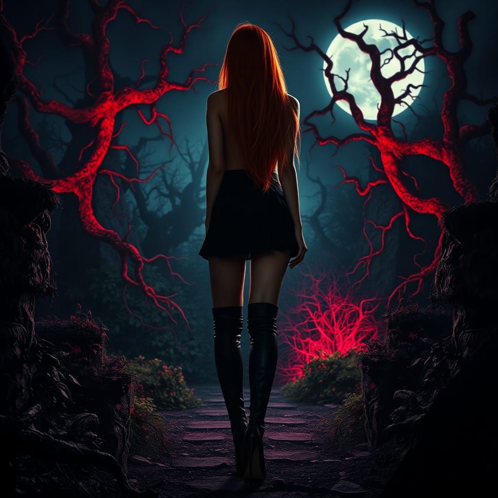 Redhead in Moonlit Garden, Dark Surrealism