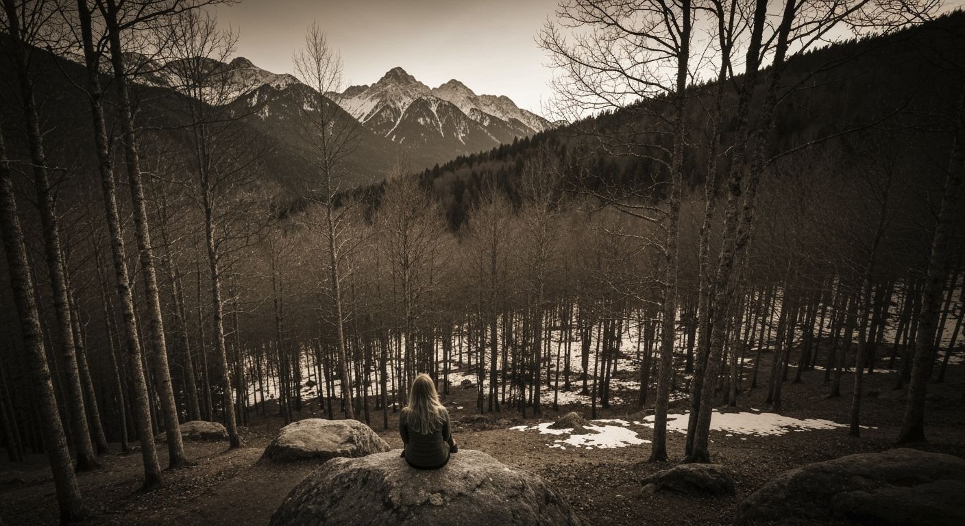 Woman in Sepia Winter Forest at Dusk