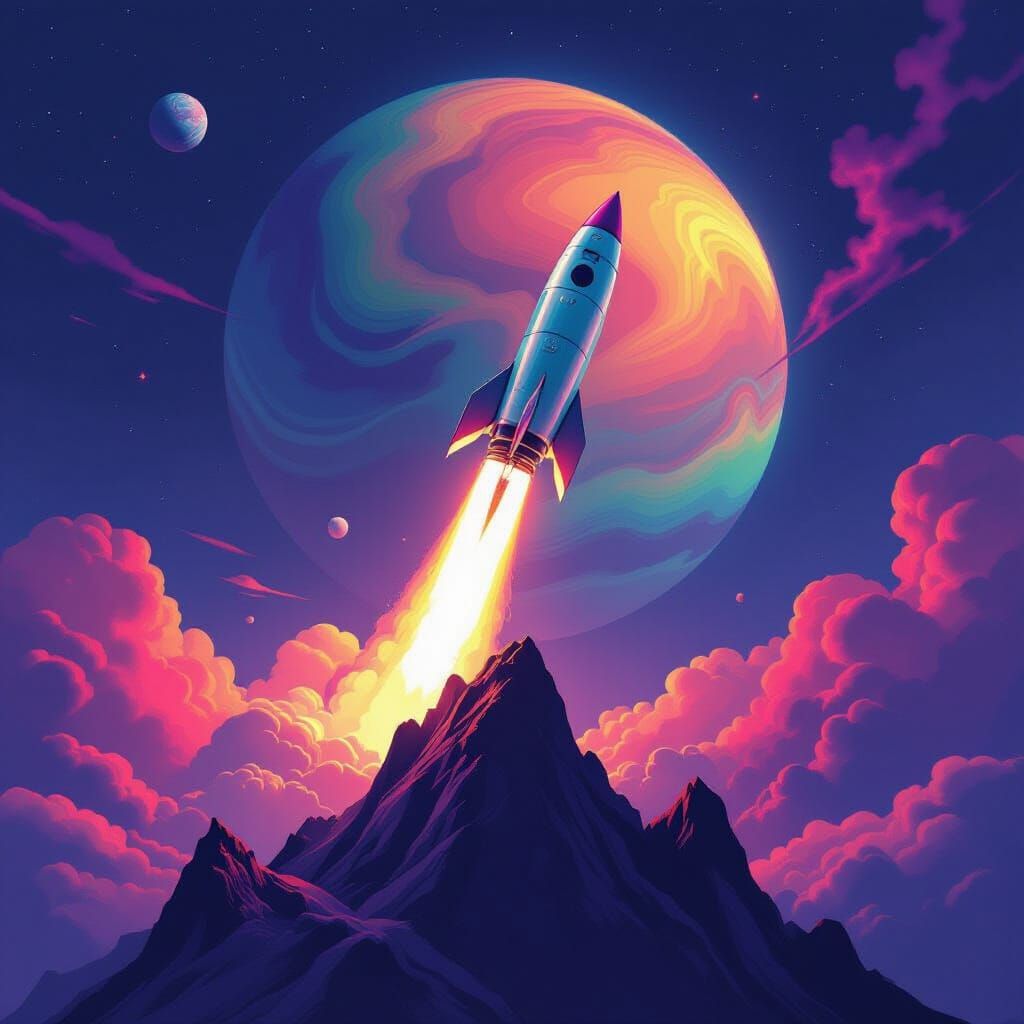 Teal Rocket Launching from Jagged Mountain Peak