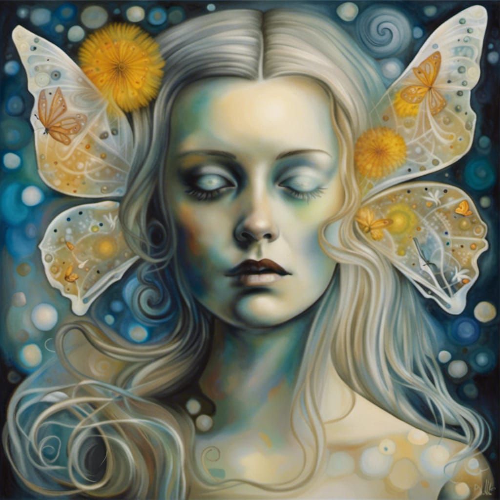 Dandelion Dreamscape: Woman with Butterfly Wings in Abstract...