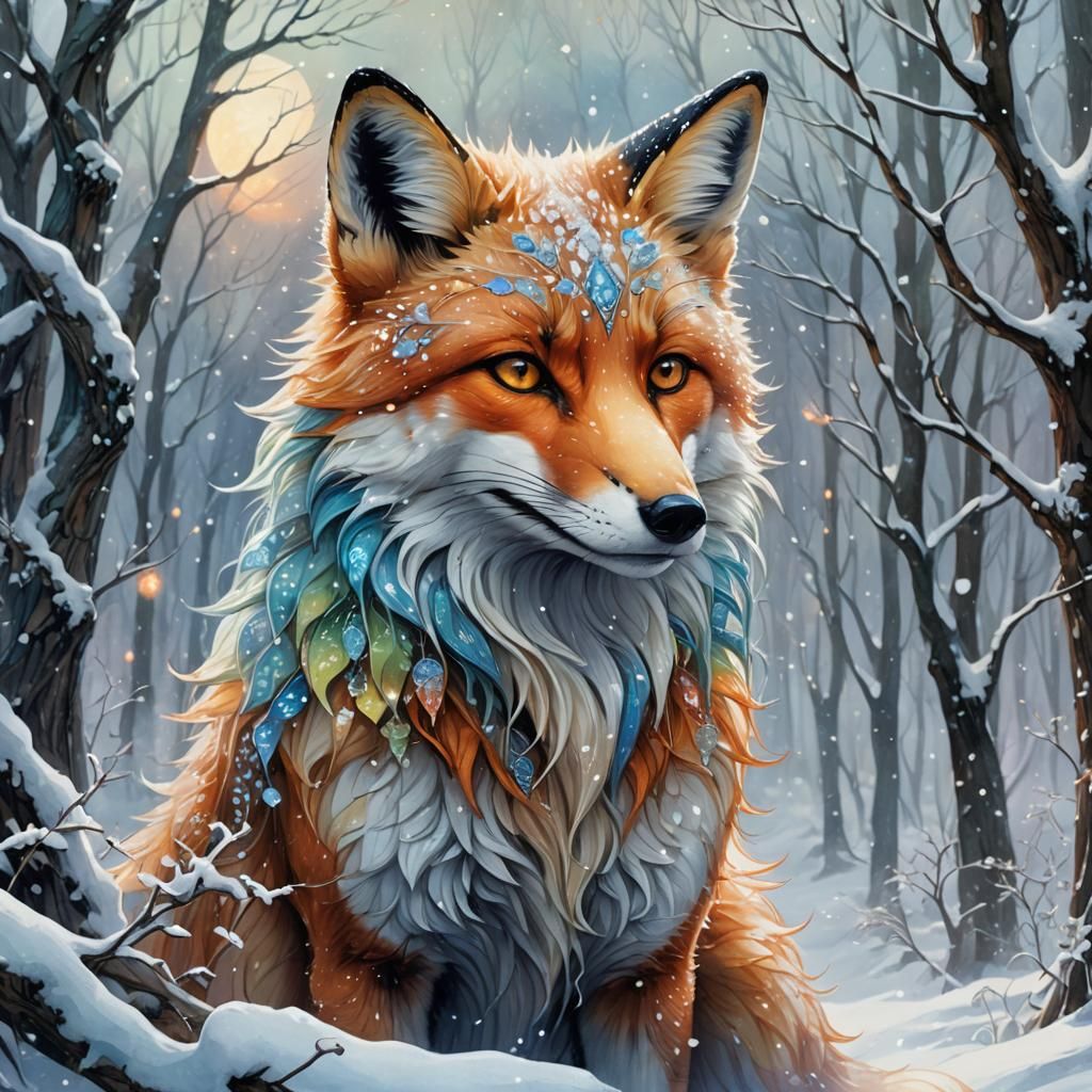 Rainbow Fox in Snowy Forest, Fantasy Illustration