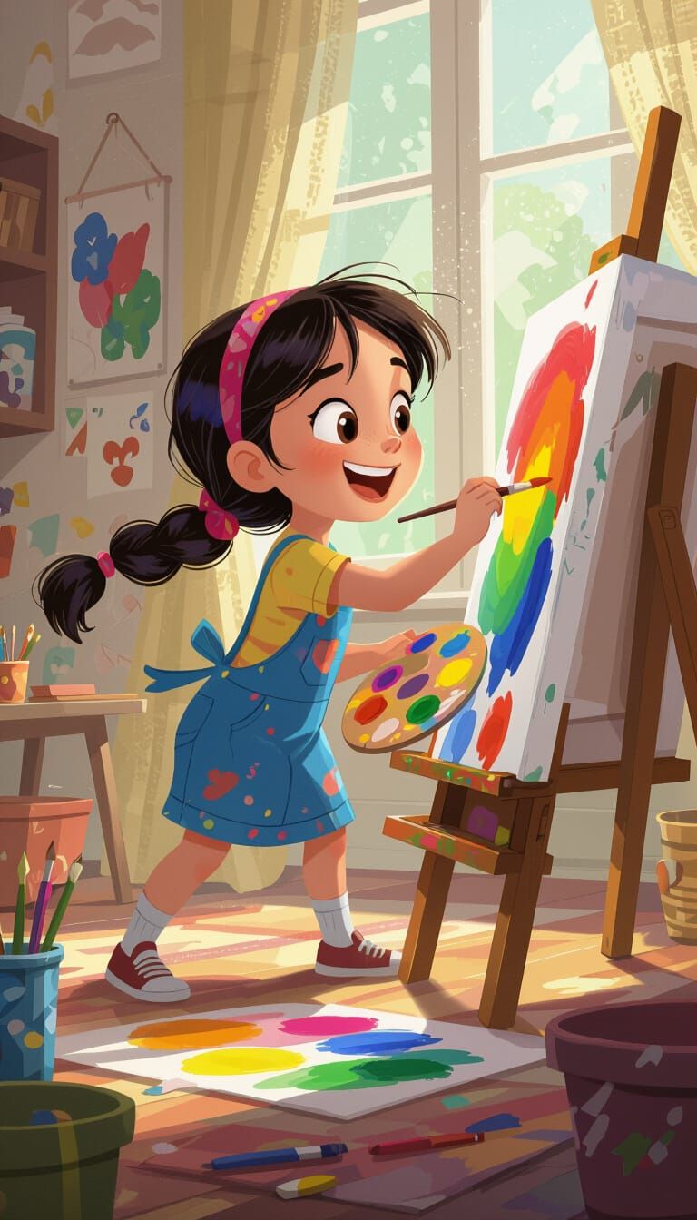 Masha Painting with Playful Expression in Cartoon Style