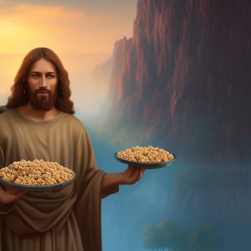 Jesus Christ Holding Rice Krispies: Detailed Matte Painting