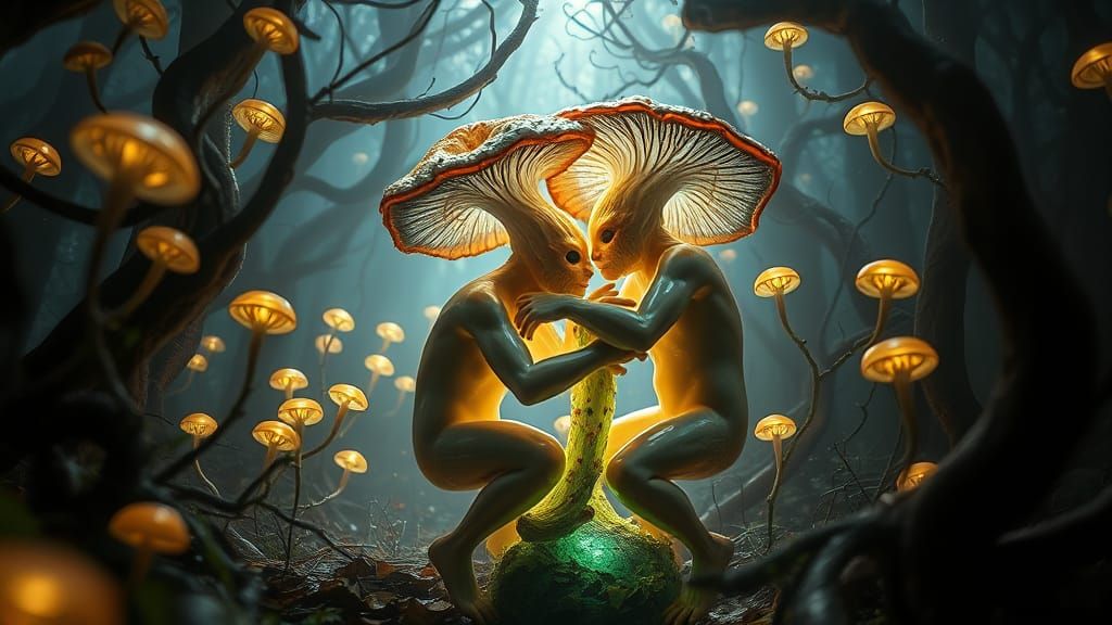 Surreal Mushroom Embracing Cosmic Duality in Ethereal Light