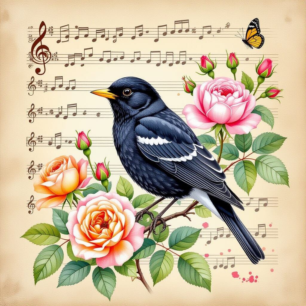 Watercolor Blackbird Among Roses with Musical Score