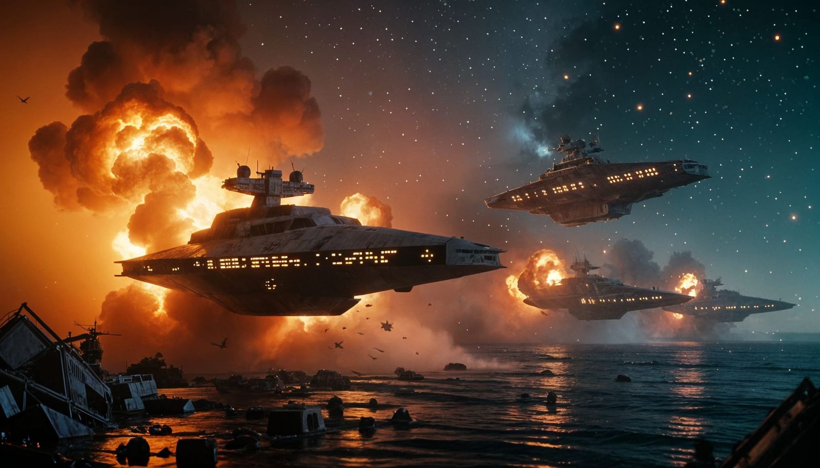 Fiery Attack Ships Near Orion in Film Still
