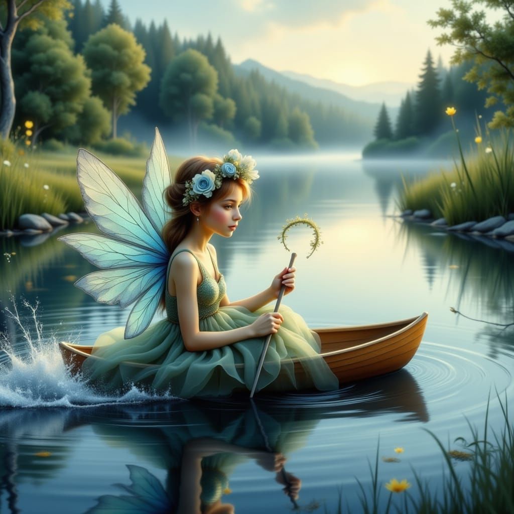 Whimsical Fairy on a Serene Slate Blue Lake