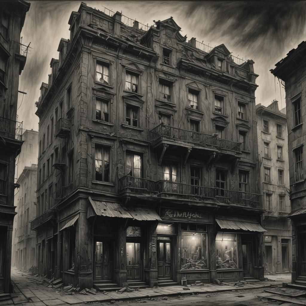 Nightmarish Shop in Charcoal Drawing Style