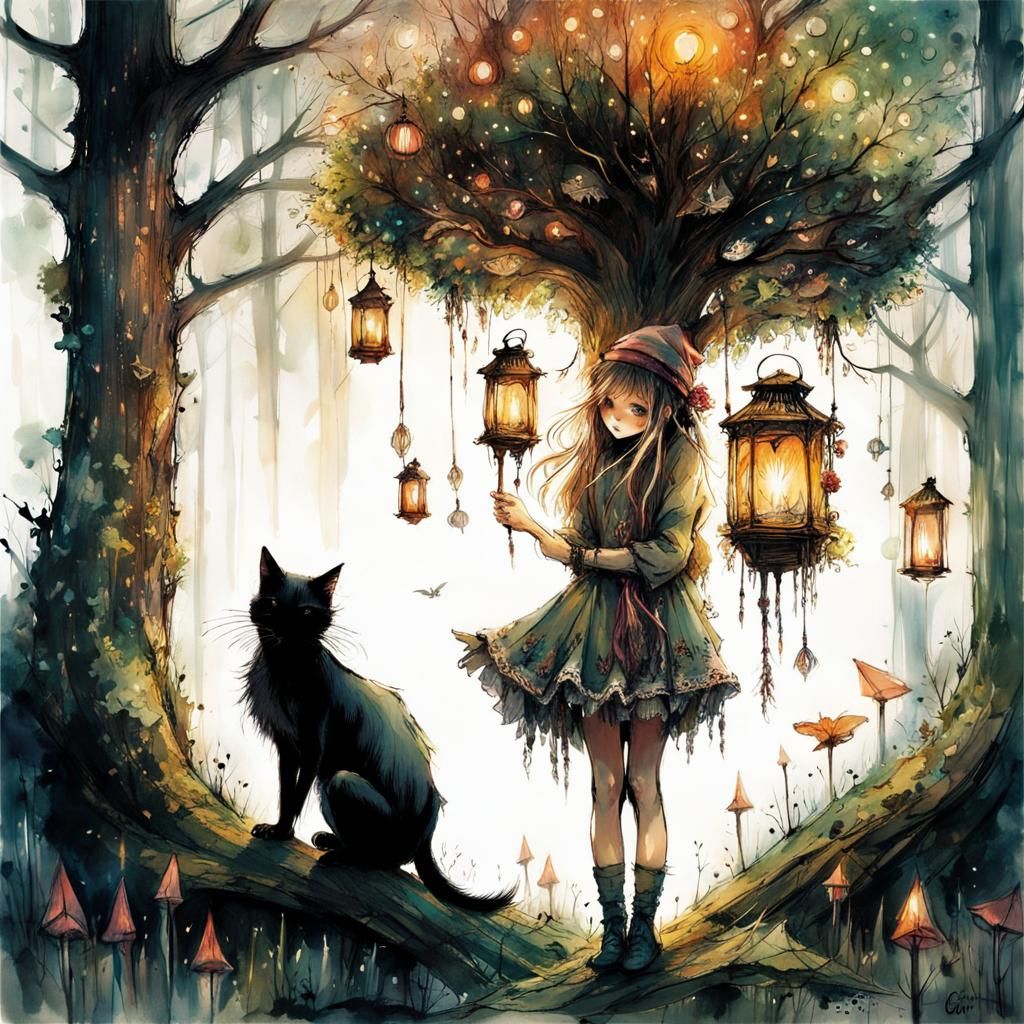 Whimsical Witch and Cat by Magical Tree, Ink Art