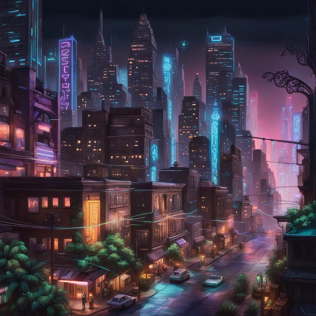 Bioluminescent Cityscape at Night with AI Robots