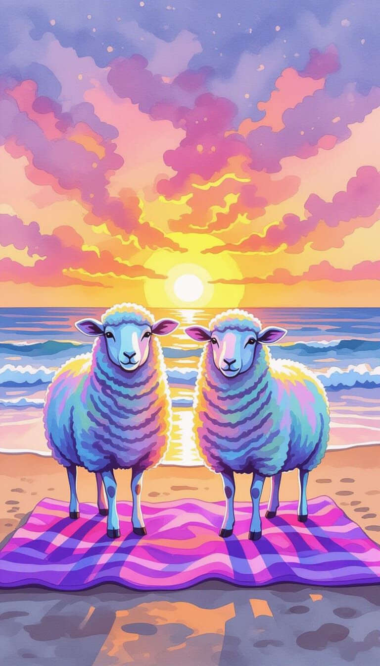 Iridescent Sheep on Beach: Whimsical Watercolor Art