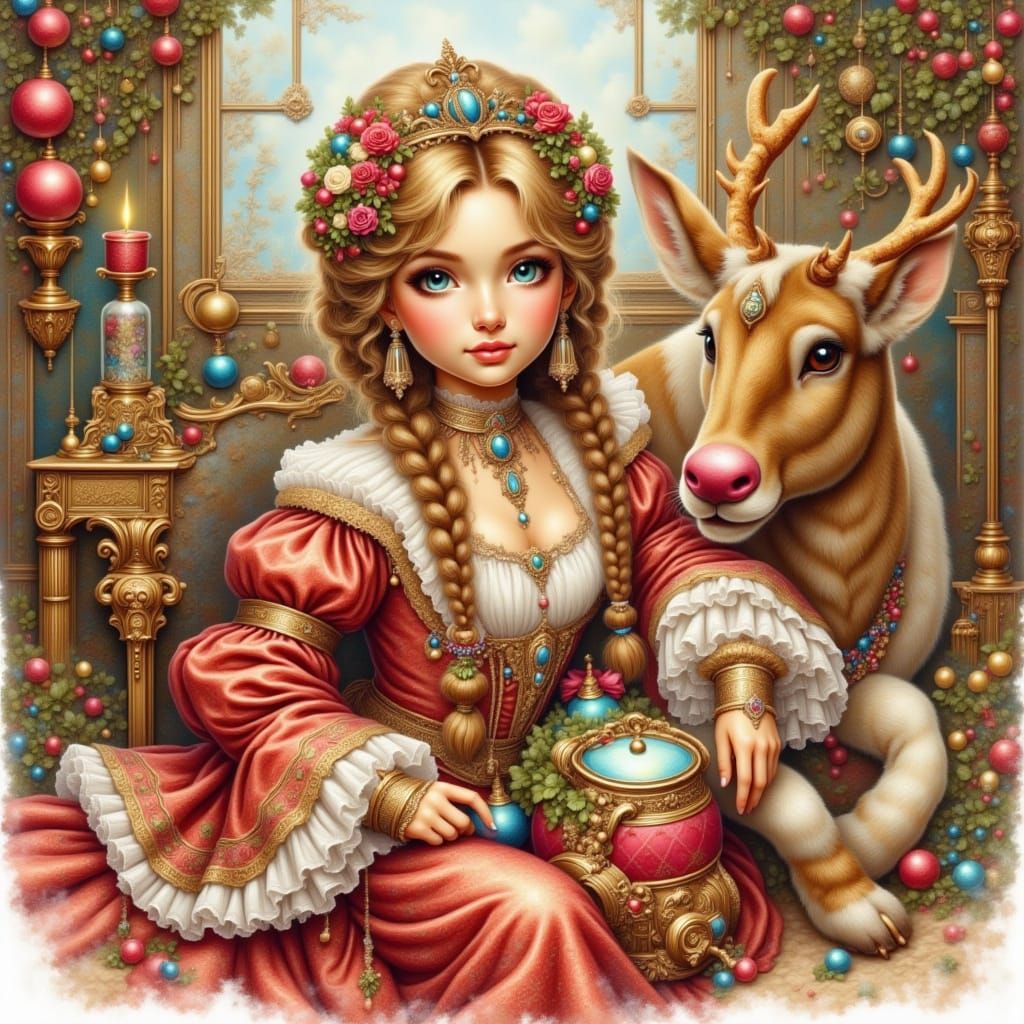 Girl and Rudolph in Baroque Barn Digital Painting