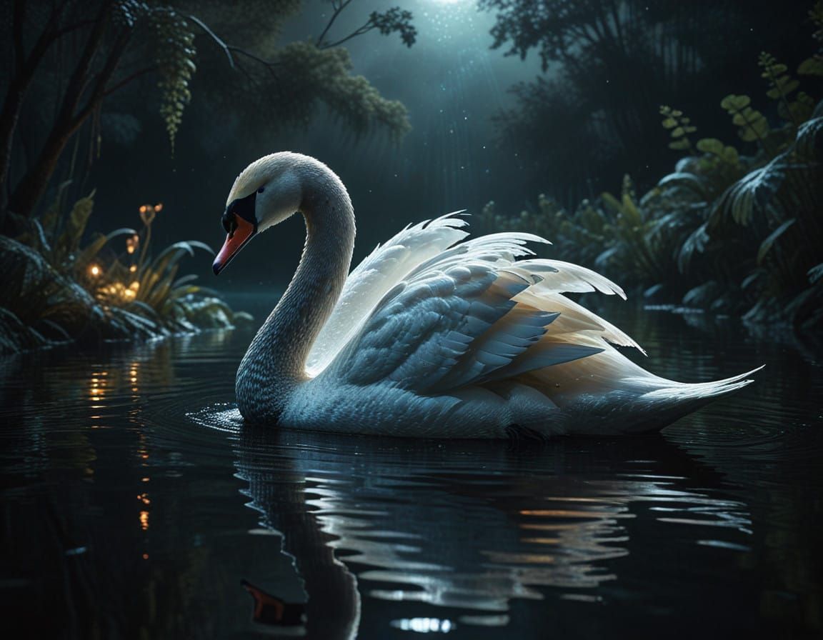 Ethereal Moonlit Lake Scene in Art Deco Style