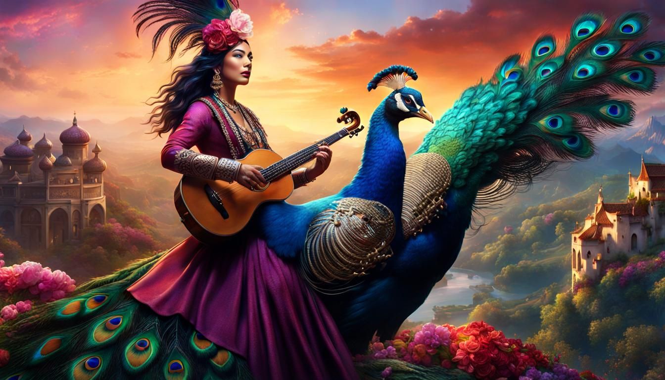 Gypsy Saxophonist on Peacock in Fantasy Landscape