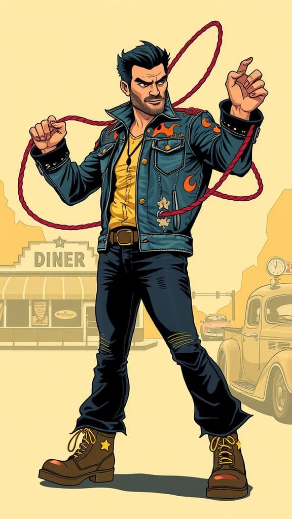 human figure with rugged jaw and sly wink, dressed in 1950s ...