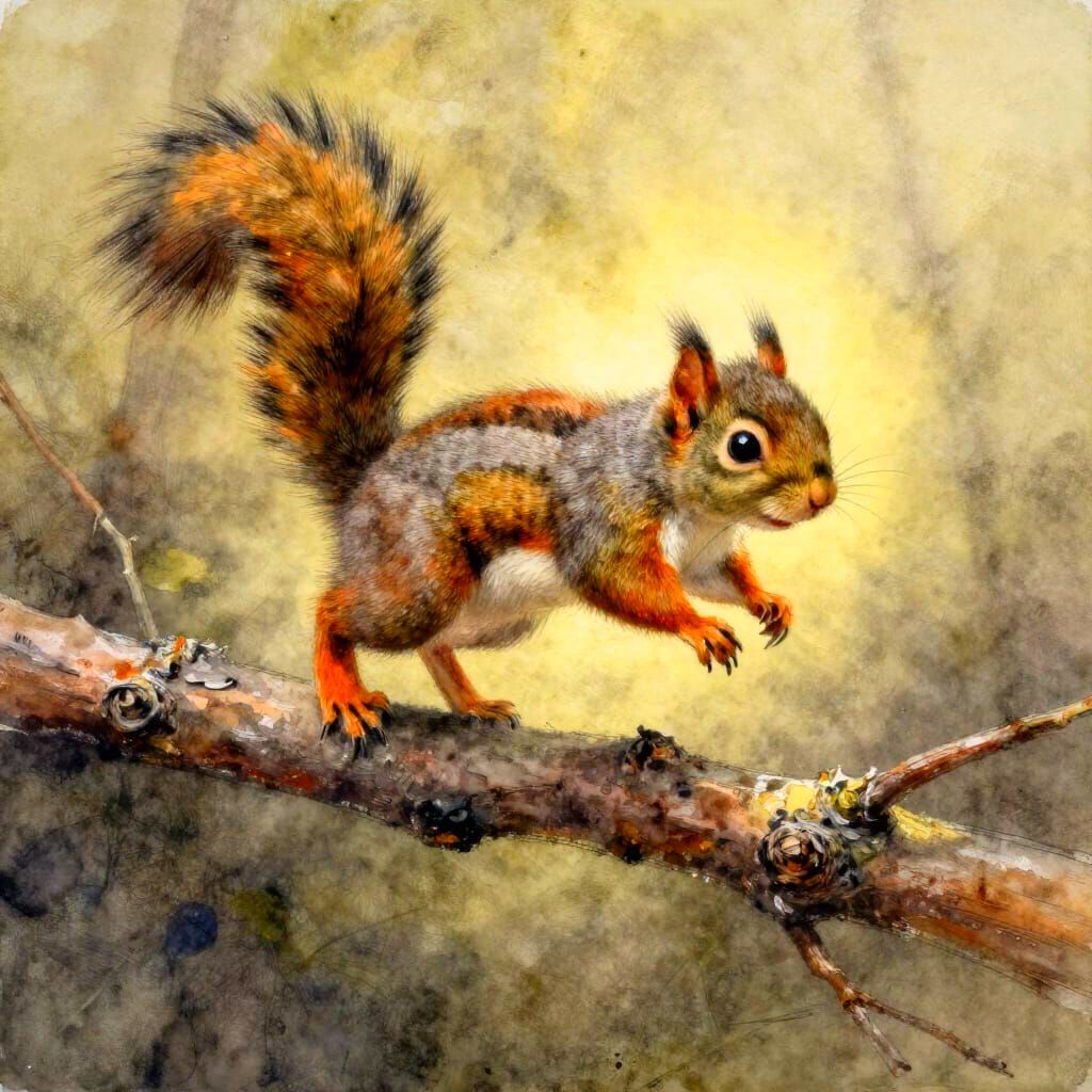 Baby Squirrel Leaps with Courage in Whimsical Fantasy Painti...