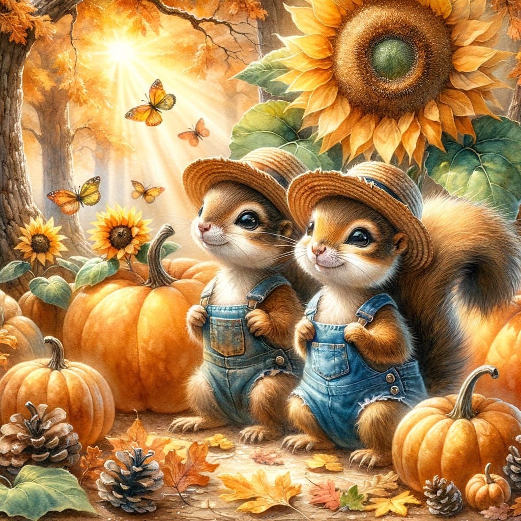 Whimsical Squirrels in Autumn Forest Watercolor Painting