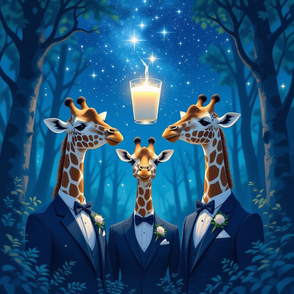 Giraffes Reach for Milky Way Milk in Dreamy Forest