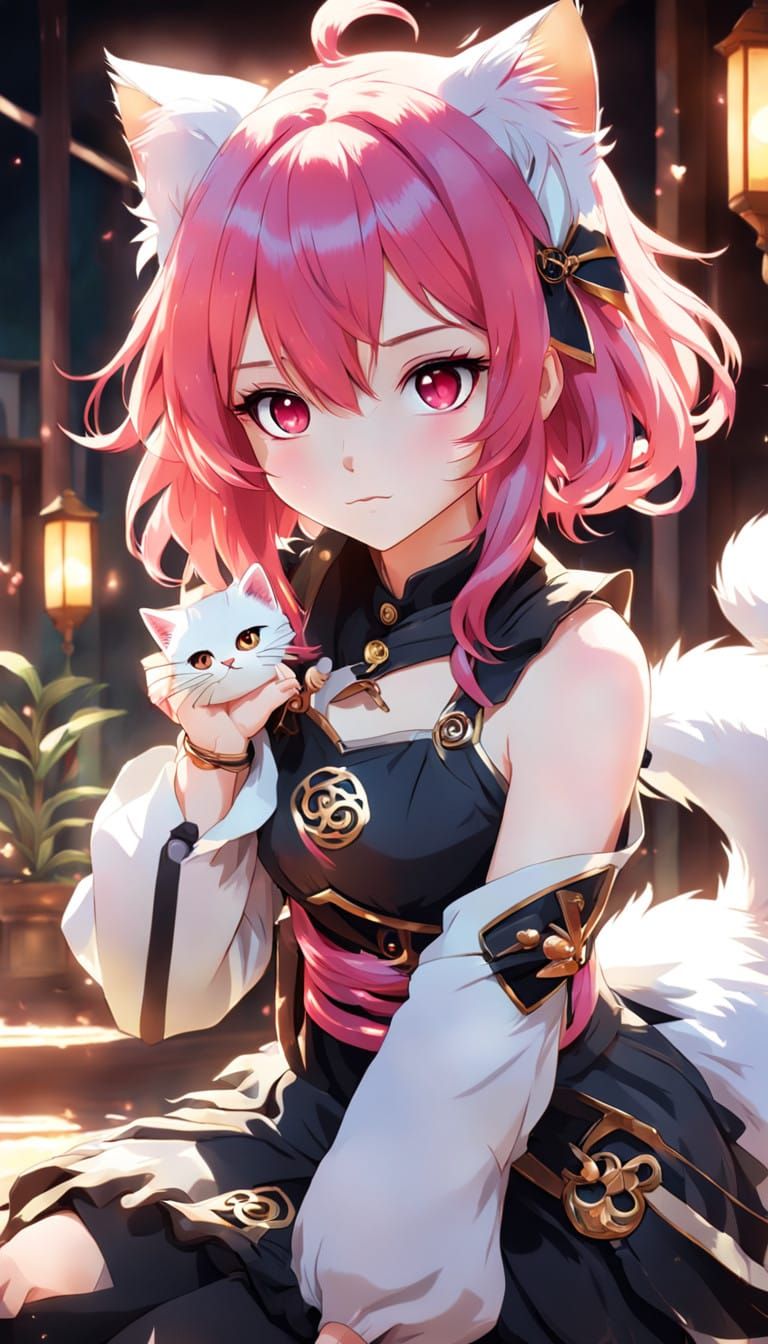 Anime Girl with Vibrant Pink Hair and Red Eyes Sits Serenely...