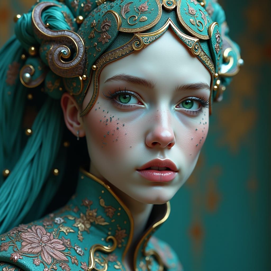 Porcelain Woman in Iridescent Clothing, Digital Art