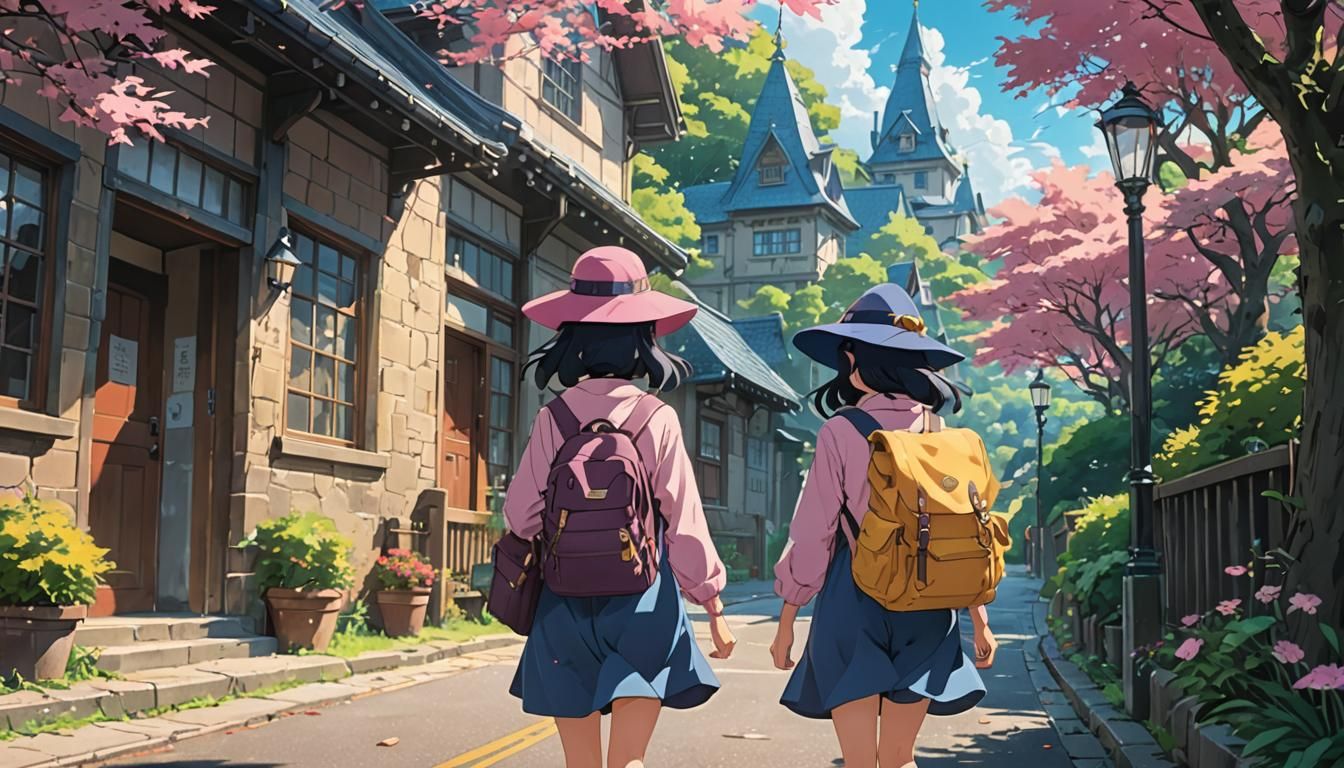 Young Wizard Girl Walking to School in Anime Style