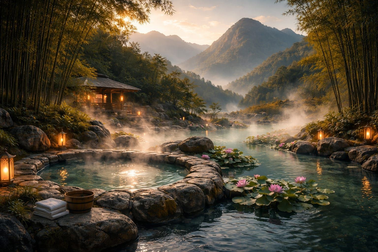 Magnificent Hot Springs with Mountains and Bamboo