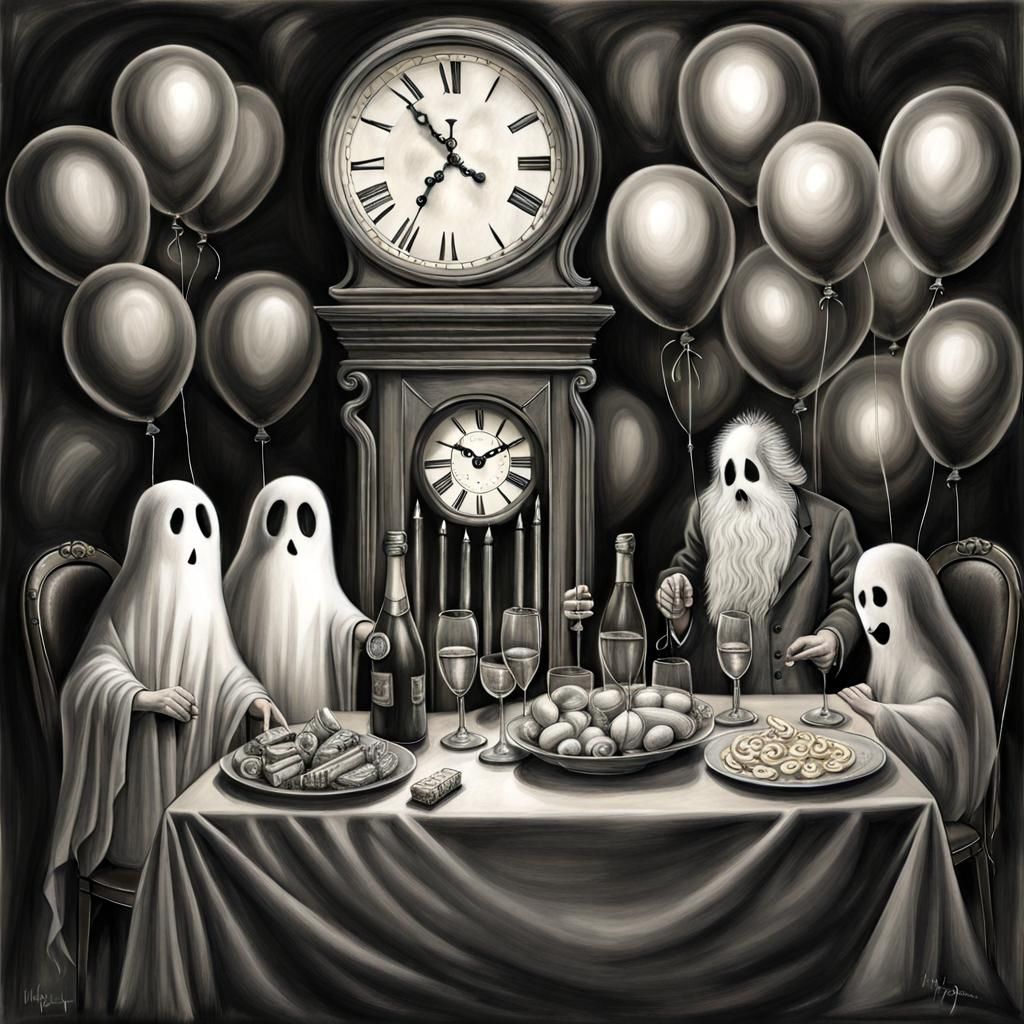 Ghosts Celebrate New Year's Eve in Charcoal