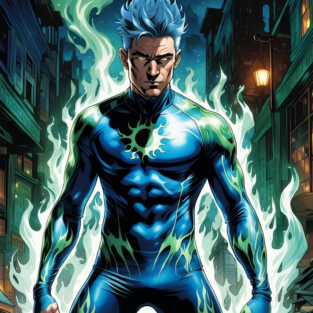 Transparent Man Ablaze in Blue Flames: Comic Book Art