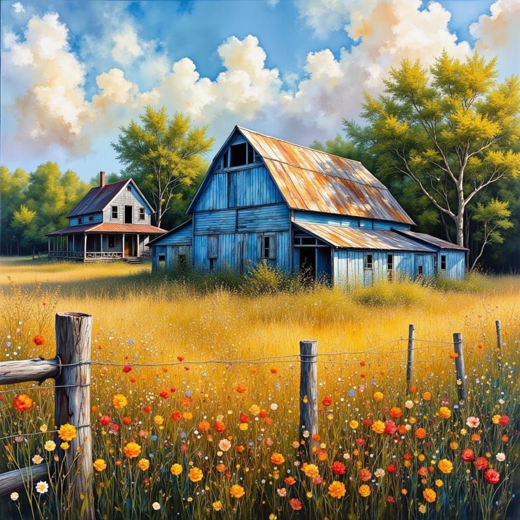 Oil Painting of Old Barn and Plantation House at Golden Hour