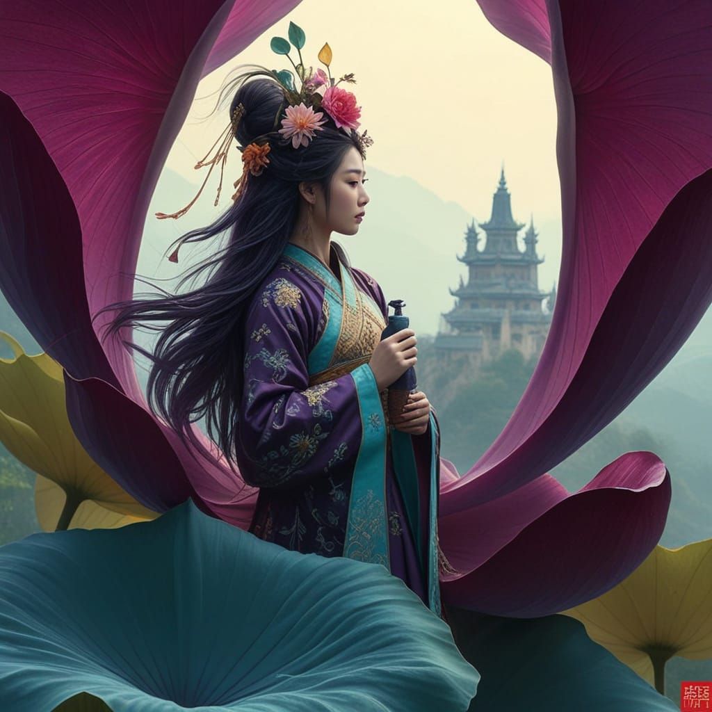 Ethereal Chinese Warrior Emerging from Lotus Bloom in Pre-Ra...