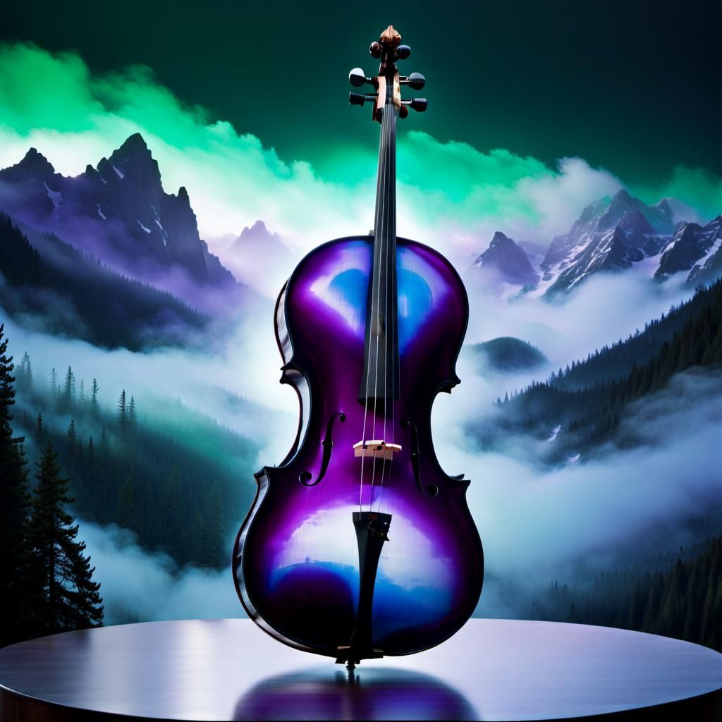 Smoke Cello with Translucent Mountain Landscape