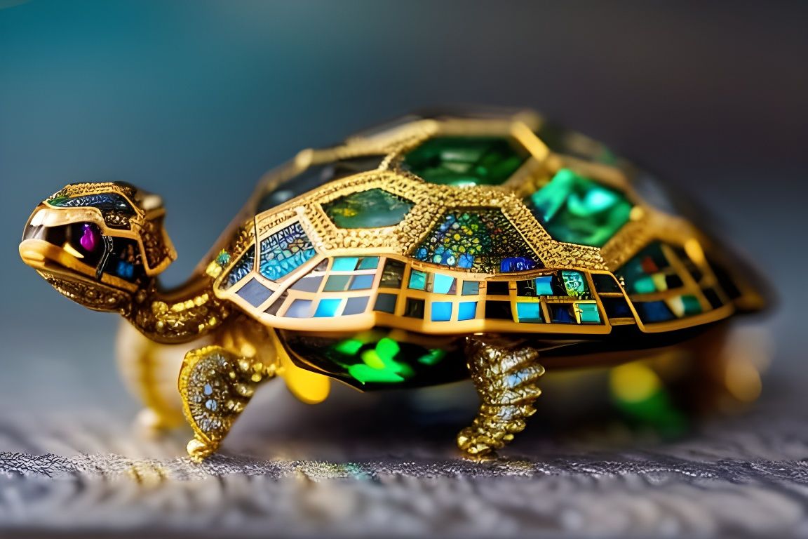 Intricate Filigree Turtle in Kinetic Pointillism Style