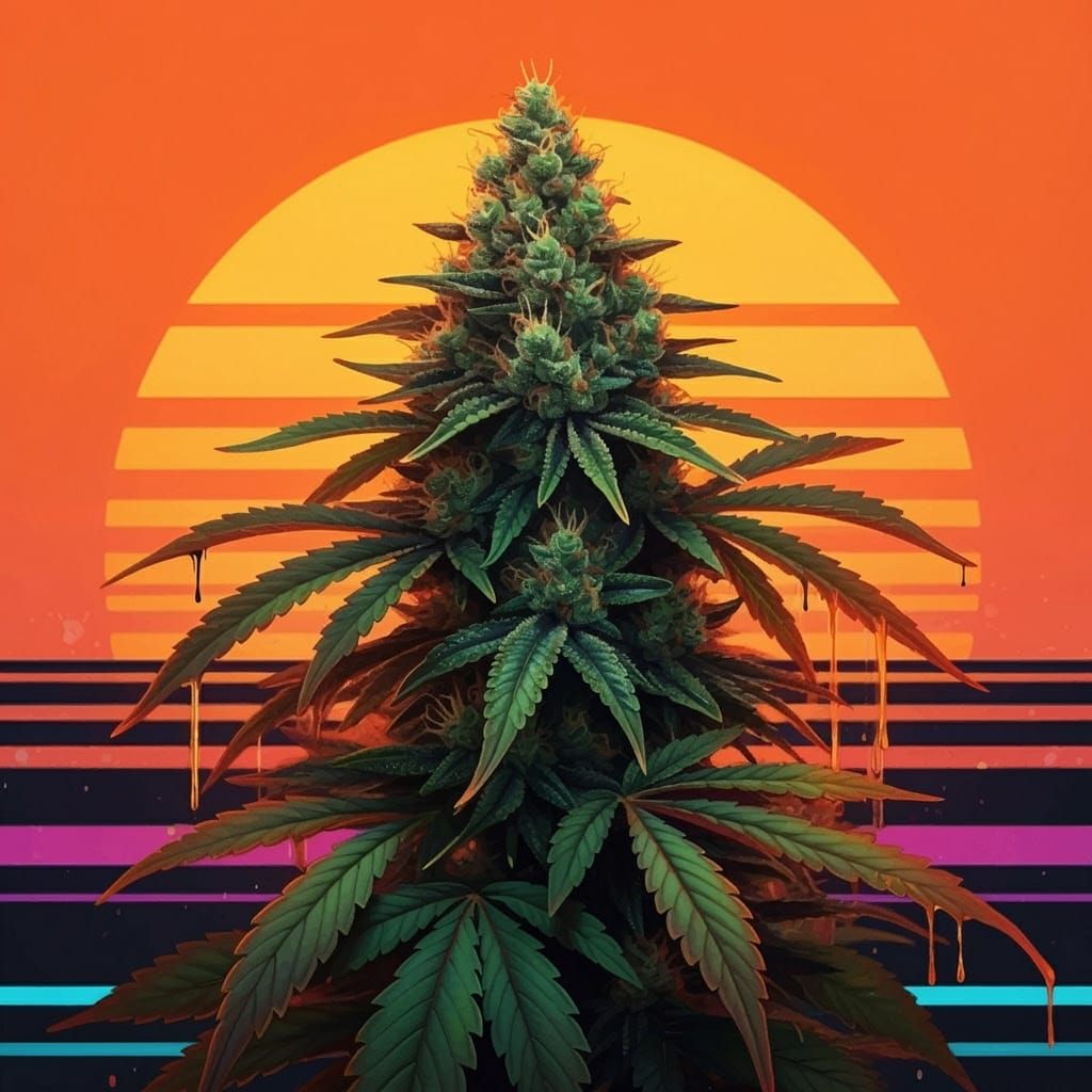 Vibrant Street Art Cannabis Scene with Tropical Sunset and R...