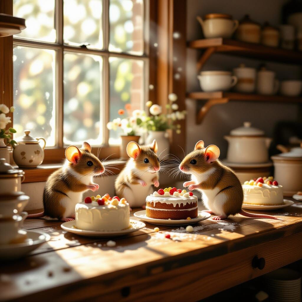 Whimsical Bakery Scene with Mice Decorating Cakes