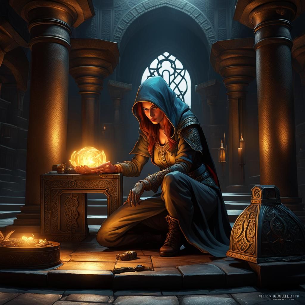 Female Rogue Opens Treasure, Dark Fantasy Concept Art