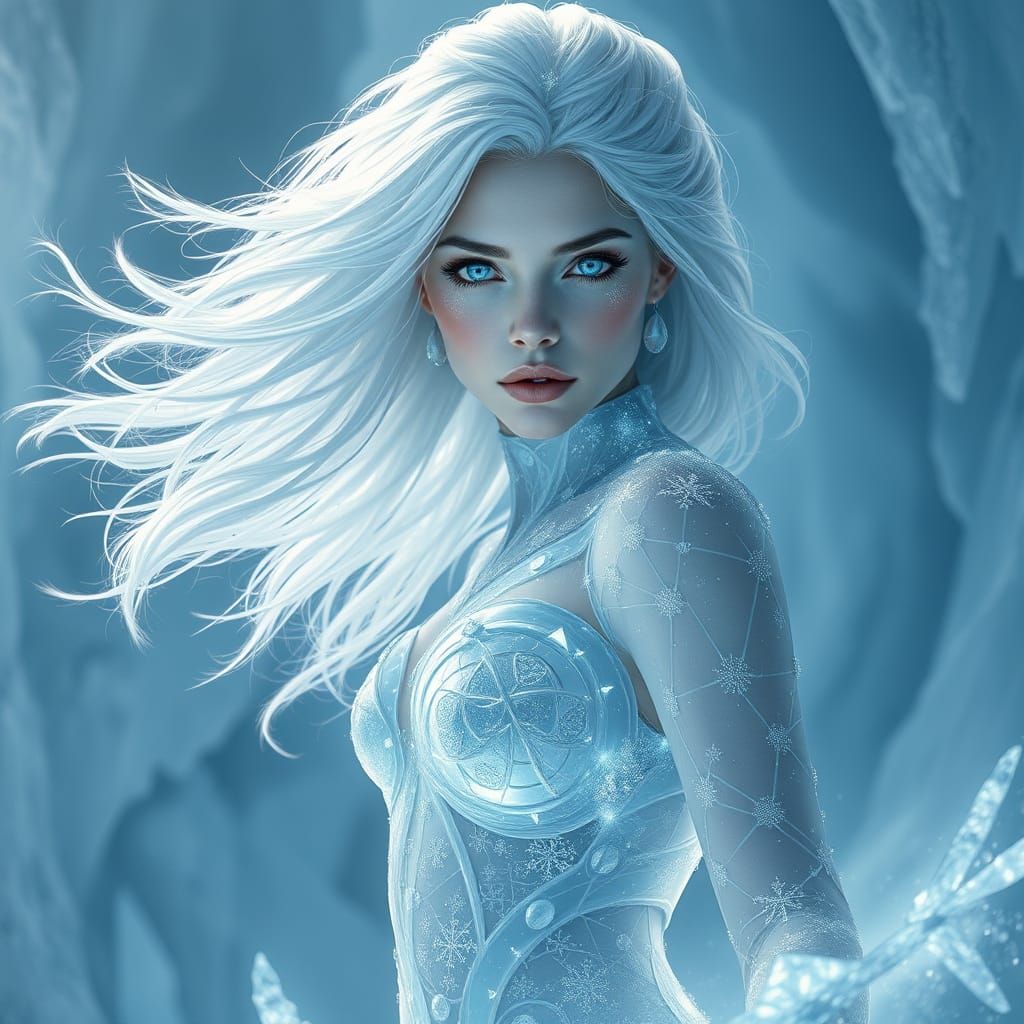Ethereal Winter Goddess Emerges from Glaciers in Digital Mas...