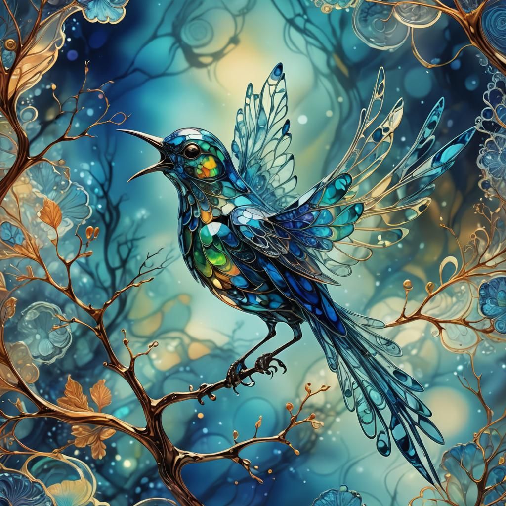 Glass Bird with Alcohol Ink in Surreal Digital Art