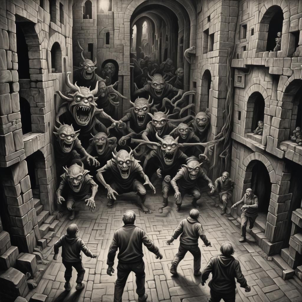 Mechanical Monsters in Labyrinth: Charcoal Drawing