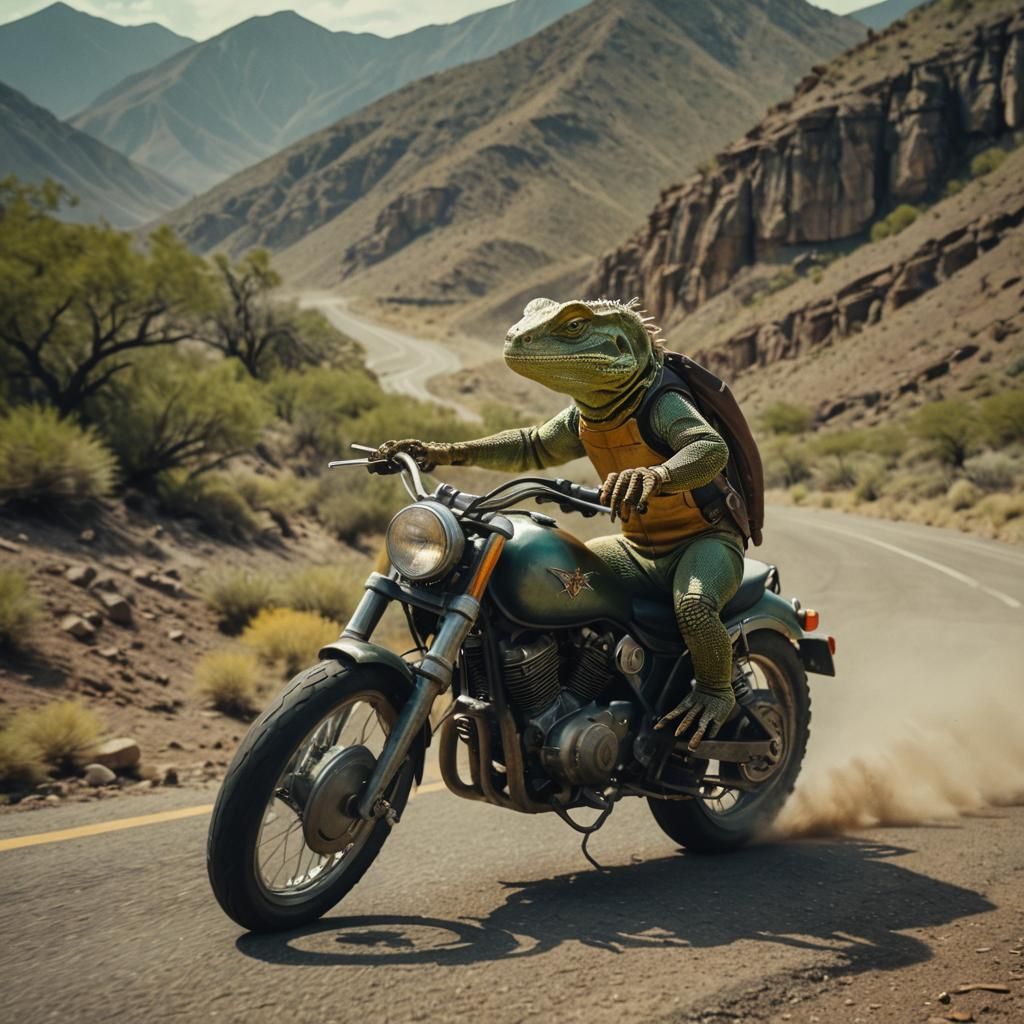 Lizard on Motorcycle: Cinematic Film Still