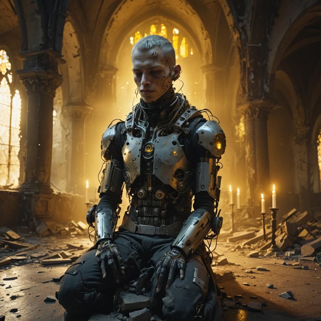 Cyberpunk Cyborg Prayers in Abandoned Church