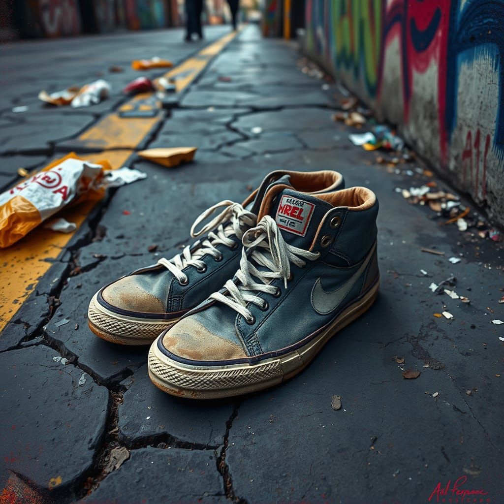 Vibrant Street Art Sneakers on a Cracked Urban Sidewalk