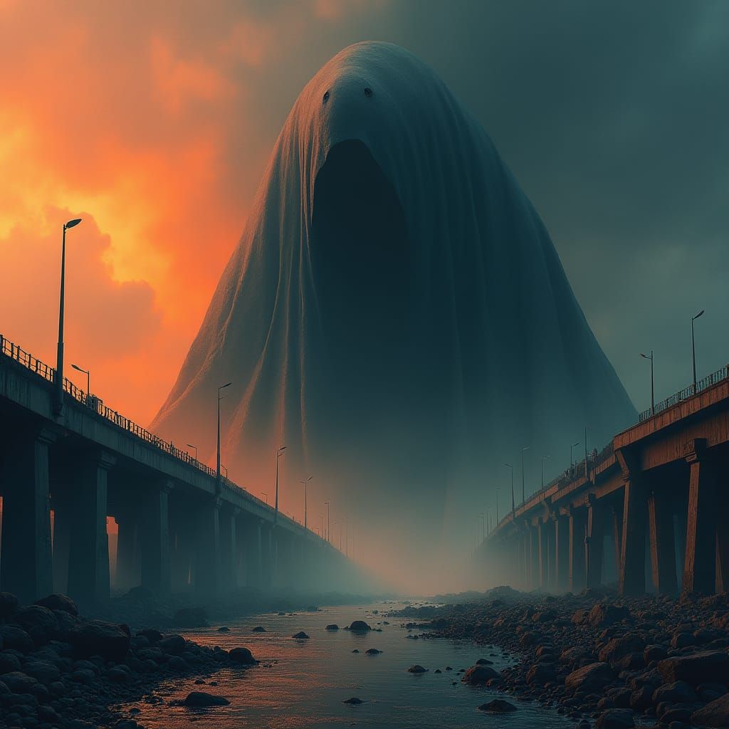 Colossal Creature in Ruined Cityscape, Matte Painting